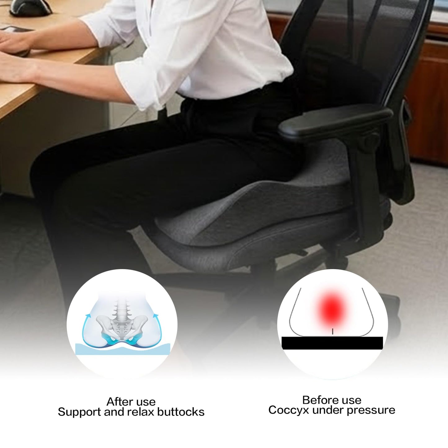 18x16 Inch Black Memory Foam Seat Cushion for Office Chair, Car Seat, Airplane, Bleacher - Sciatica & Hip & Coccyx Pain Relief Desk Chairs Cushions for Long Sitting Peoples