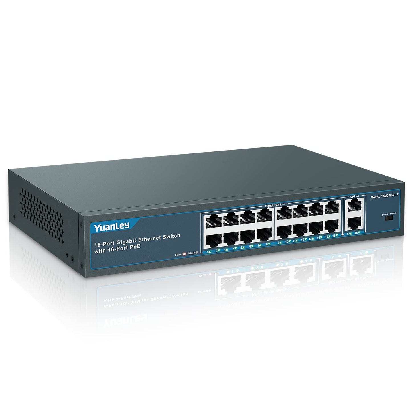 YuanLey 18 Port Gigabit PoE Switch, 16 Port poe+ 1000Mbps, 2 Gigabit uplink Ethernet Switch, 19 inch rackmount, Vlan Unmanaged
