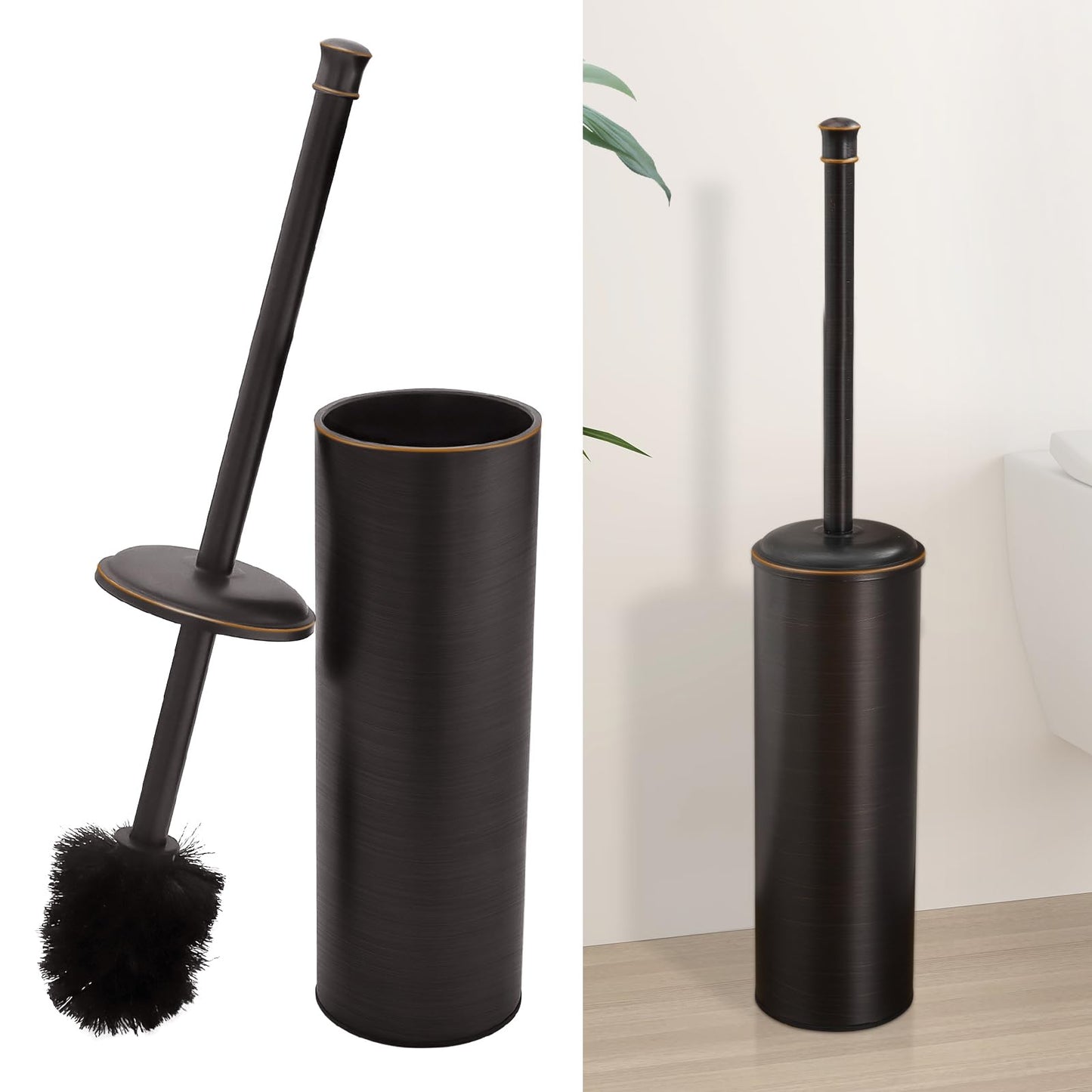 BESy Toilet Brush and Holder, Toilet Cleaner Bowl Set with Two Brush with Extra Long Handle, Durable Bristles Toilet Scrubber and Covered Holder, Drip-Proof Stainless Steel Oil Rubbed Bronze