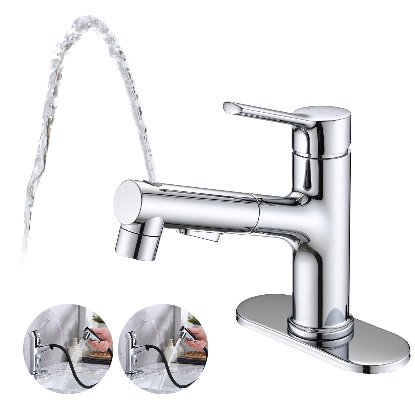 Besfelos Bathroom Sink Faucet with Pull Out Sprayer, Single Handle Modern Bathroom Basin Faucet with Pop-up Sink Drain Stopper & Deck Plate 1 or 4-inch Centerset 3 Hole, Chrome