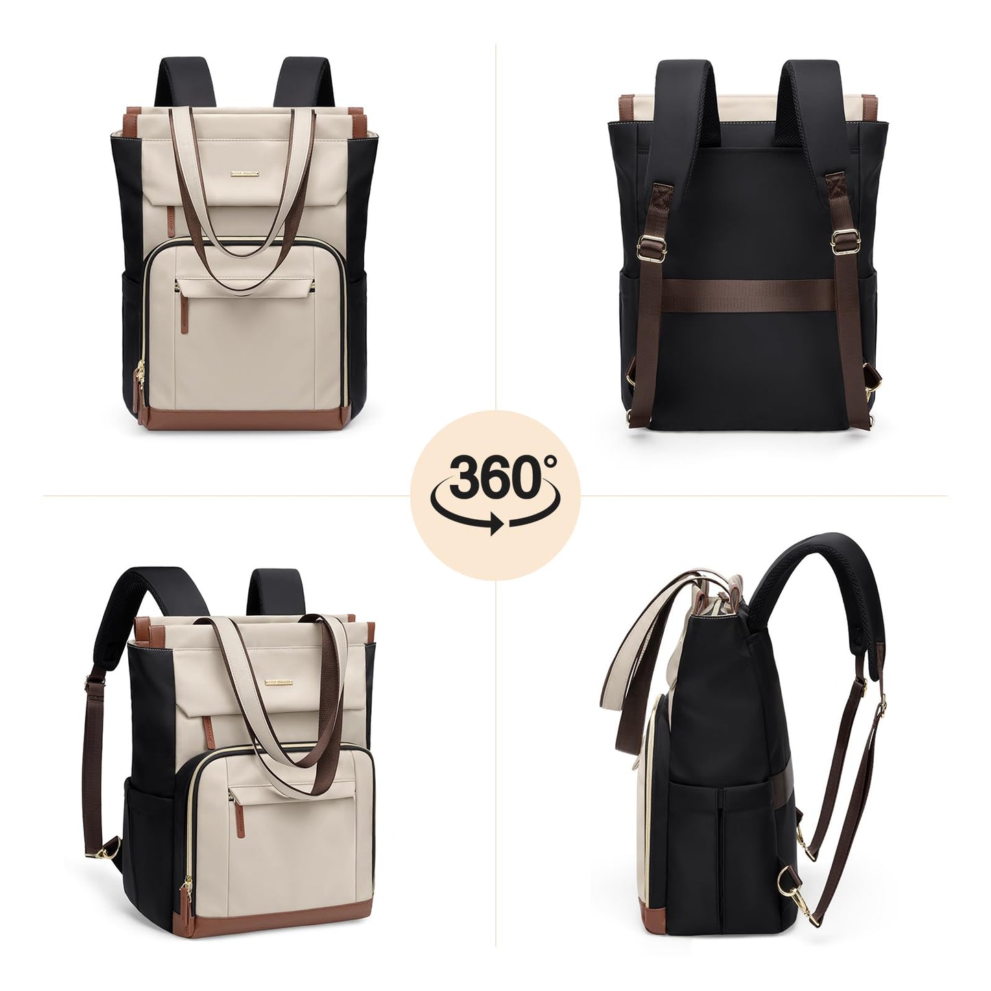 GOLF QUALITY Convertible Laptop Backpack for Women Carry on Tote Daypack Bookbag for College Work Nurse Travel,16Inch,Apricot Brown