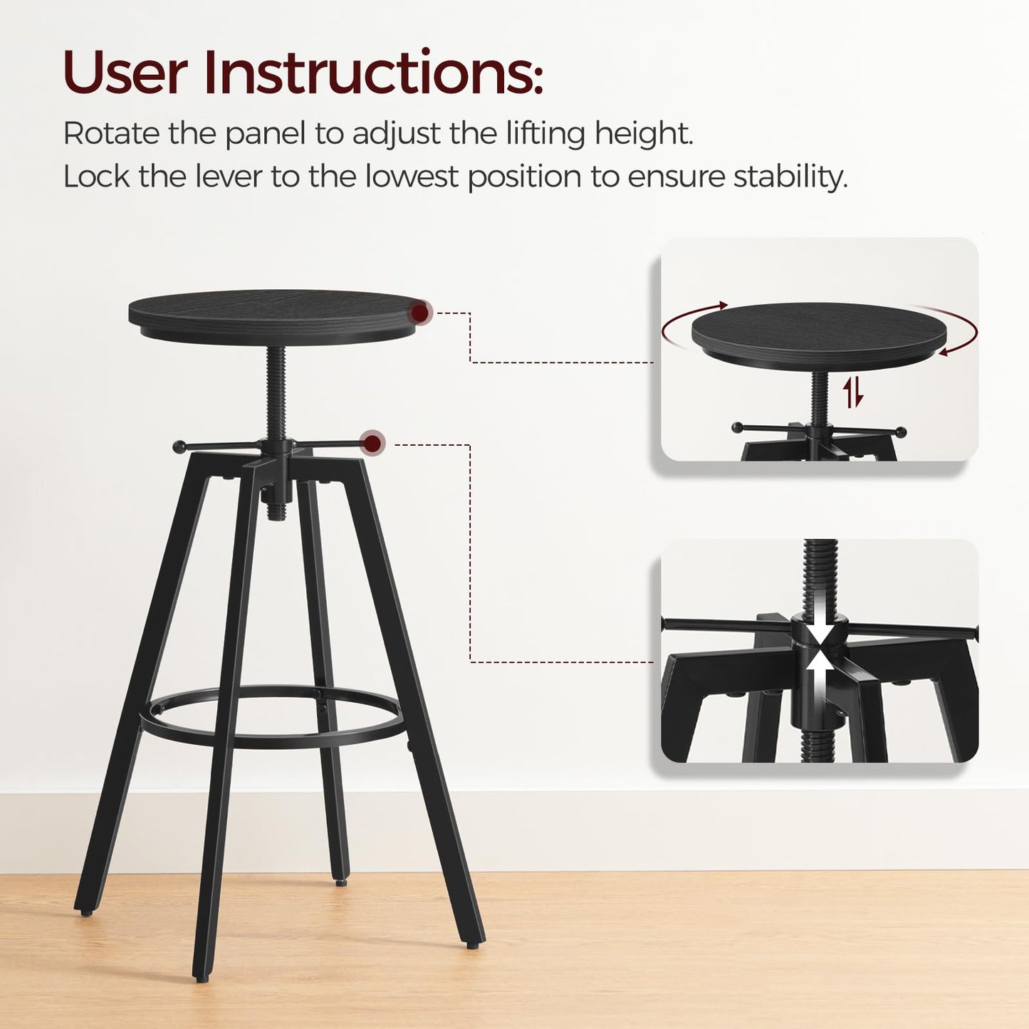 MAHANCRIS Bar Stools, Round Bar Chairs with Sturdy Metal Frame, Set of 2 Industrial Bar Stools, Height Adjustable, Kitchen Breakfast Stools, for Bar, Dining Room, Black BAHB0701