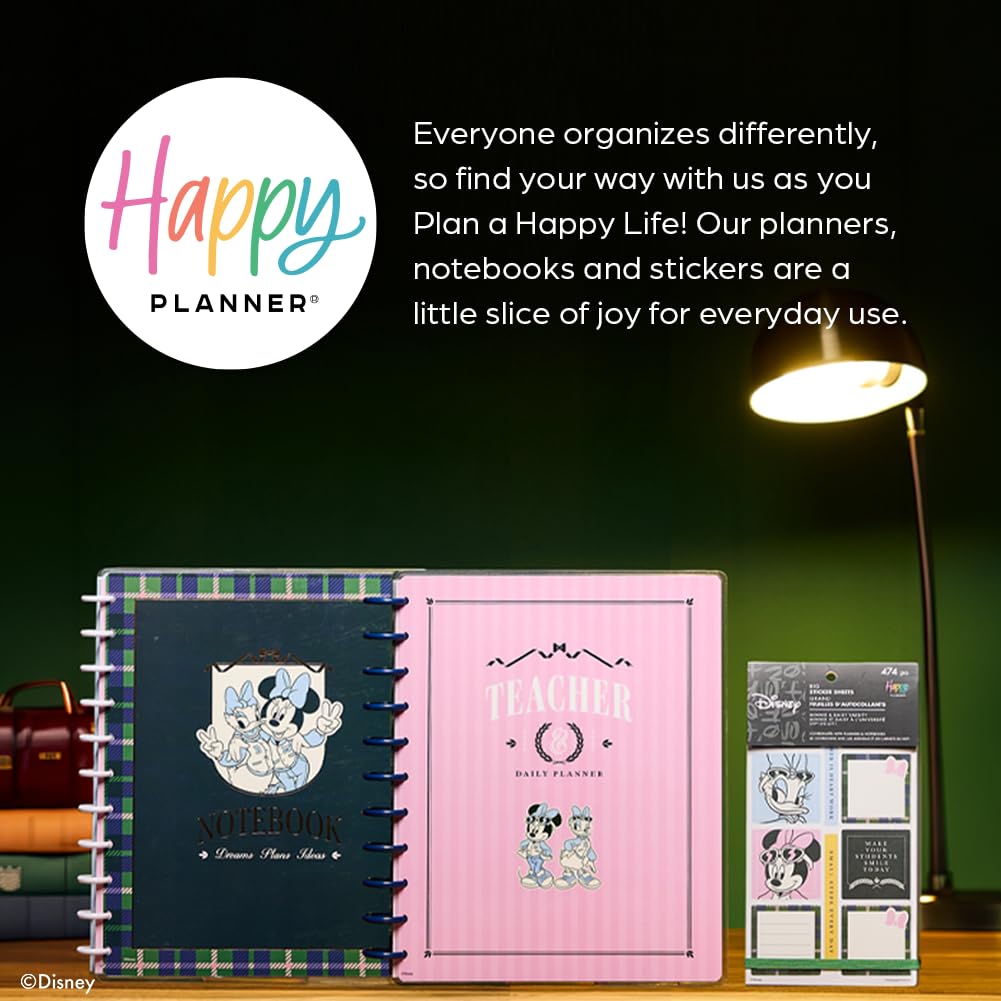 Happy Planner Disney Disc-Bound 12-Month Academic Planner, July 2026–June 2027, 12 Dividers, Big Size, Teacher Layout, Minnie & Daisy Varsity Theme, 8.5” x 11”