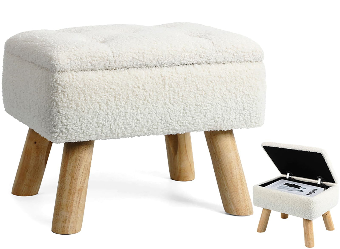 OGEMXU Storage Ottoman, Small Foot Stool Ottoman with Storage, Boucle Teddy Velvet Foot Rest with Padded Seat. (Cream)