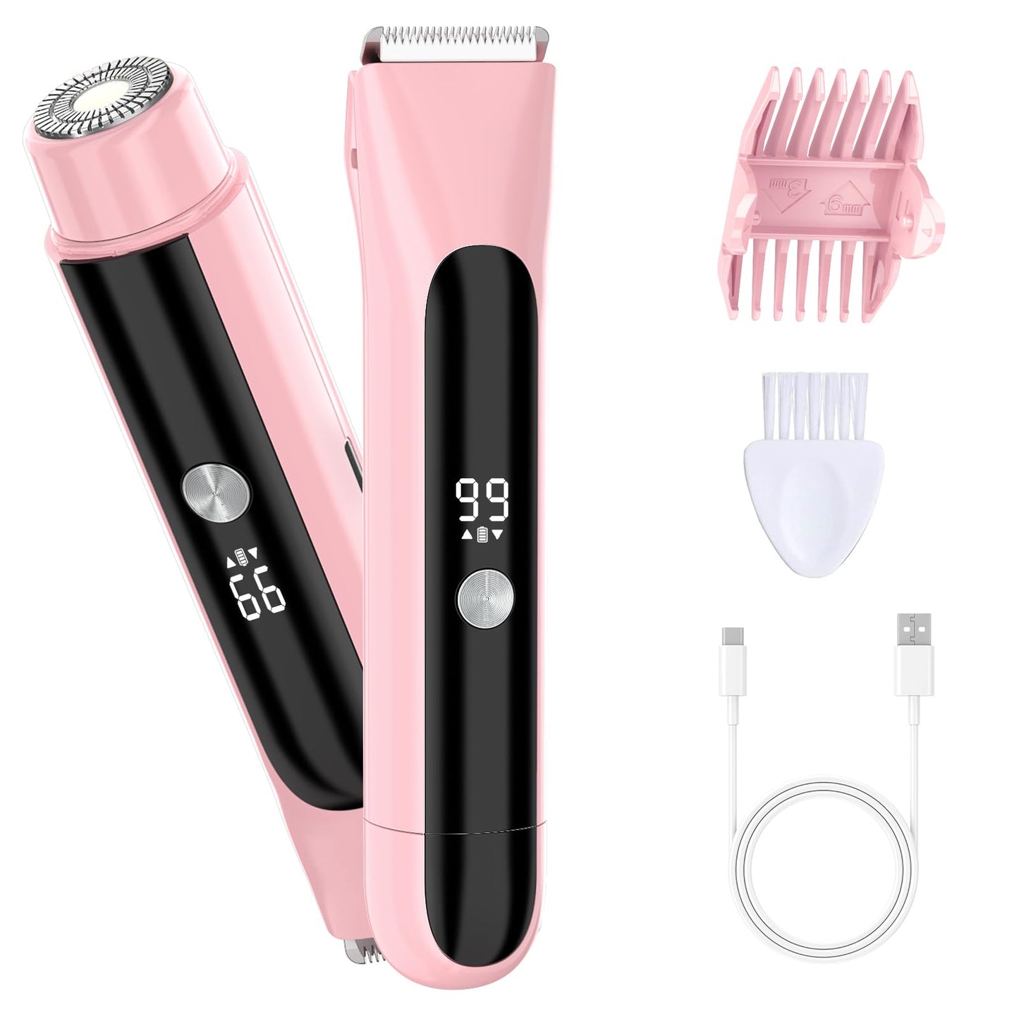 Bikini Trimmer for Women, 2 in 1 Electric Razors for Women Pubic Hair, Rechargeable Electric Shaver IPX7 Waterproof for Underarm Leg Face Arm,Wet/Dry Use (Light Plinik)