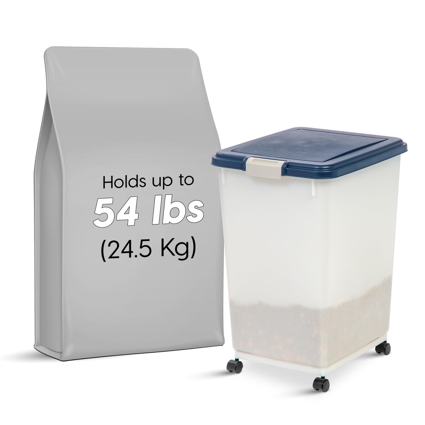 IRIS USA Airtight Dog Food Storage Container, Up to 24.5 Kg, Attachable Wheels, for Dog Cat Bird and other Pet Food Storage Bin, Keep Fresh, Easy Mobility, BPA Free, Navy/Pearl