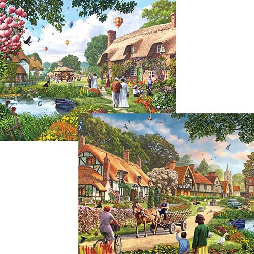 Bits and Pieces - 4-in-1 Multi-Pack - 300 Piece Jigsaw Puzzles for Adults-Each Measures 16" x 20" (46cm x 61cm)-Village Life by Artist Steve Crisp