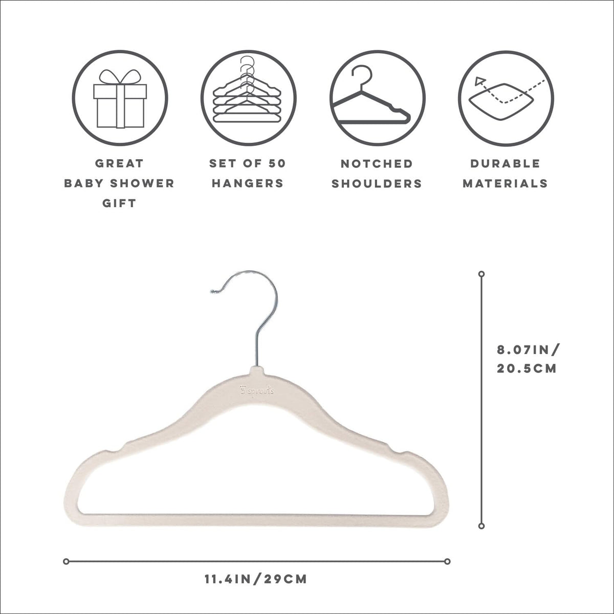 3 Sprouts Velvet Baby Hangers - Non-Slip, Infant & Toddler Velvet Hangers - Slim Kids Hangers & Baby Clothes Hangers, Cintres Pour Bébé, Pack of 50 - Cream