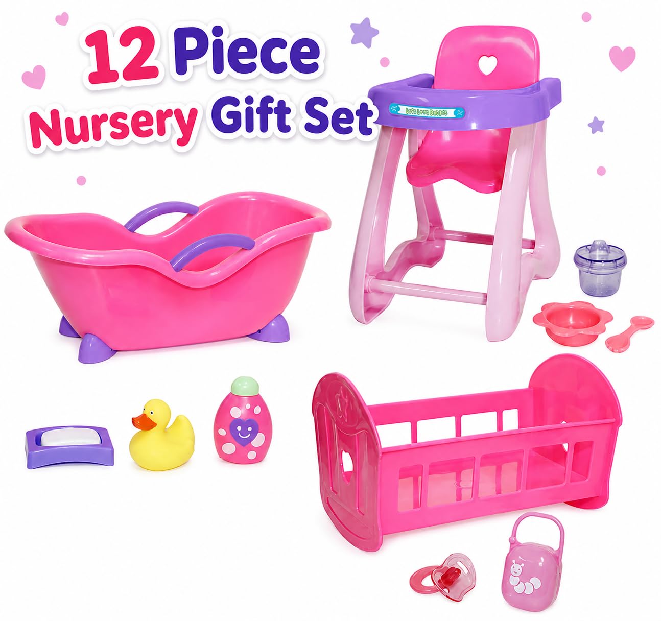 JC Toys Deluxe Doll Accessory Bundle | High Chair, Crib, Bath and Extra Accessories for Dolls up to 11" | Fits 11" La Baby & Other Similar Sized Dolls