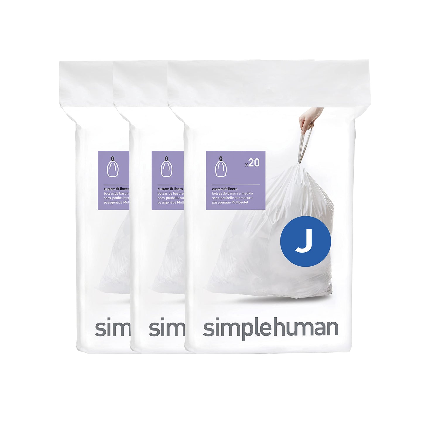 simplehuman Code J 60 Count, Dispenser Pack Custom Fit Liners, Drawstring Trash Bags, 30-45L / 8-12 Gallons, White