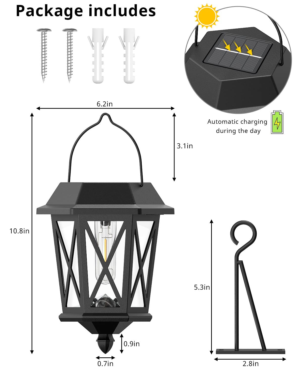 Solar Lantern Outdoor Hanging Solar Lights, Waterproof Metal Solar Lights Outdoor with Clear Glass, LED Solar Powered Lights Wall Mount for Yard Garden Wall Outdoor, Black - 2 Pack