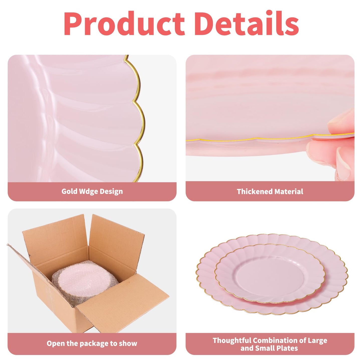 mwellewm 50 Pcs Pink Scalloped Plastic Plates Disposable Party Plates with Gold Rim 25pcs Fancy Decorative Dinner Plates 10" 25pcs Heavy Duty Dessert Plates 7.5" Perfect for Wedding Baby Shower