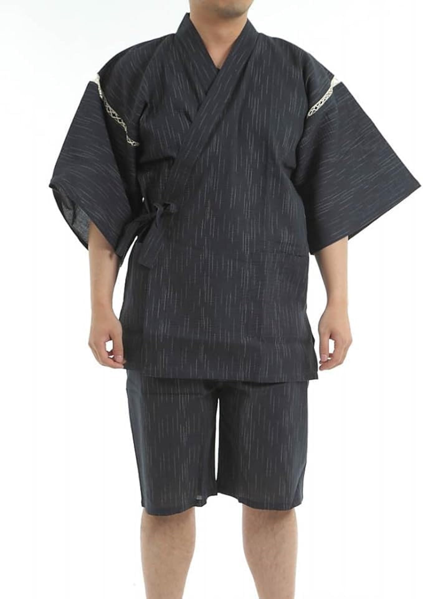 Edoten Men's Japan Kimono Jimbei SIJIRAORI 100% Cotton., Black, 3X-Large