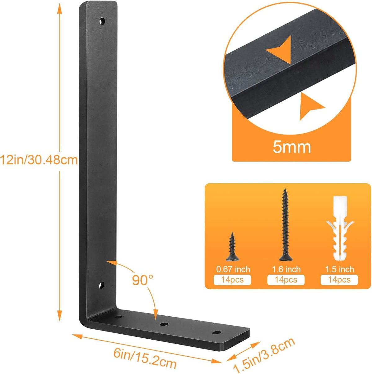 Heavy Duty Shelf Brackets (8 Pack) 12" x 6", Black L Brackets for Shelves-Max Load 150 LBS Shelf Hardware Bracket, Rustic Industrial Floating Shelf Brackets Iron for Wood Floating Shelf
