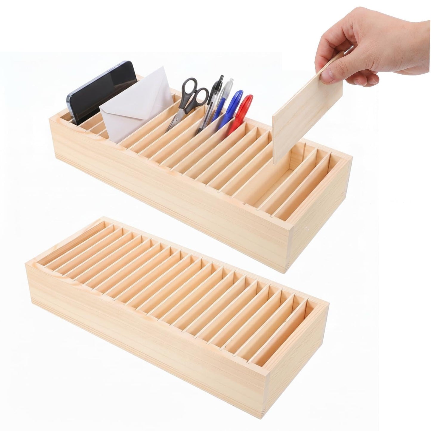 NUOBESTY Wooden Name Badge Holders Id Badge Tray Organizer Business Letter Card Storage Box with Dividers Desktop Multi-Compartment Cellphone Jail 12.59*5.51 Inch
