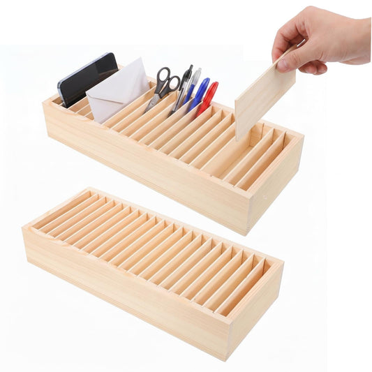 NUOBESTY Wooden Name Badge Holders Id Badge Tray Organizer Business Letter Card Storage Box with Dividers Desktop Multi-Compartment Cellphone Jail 12.59*5.51 Inch