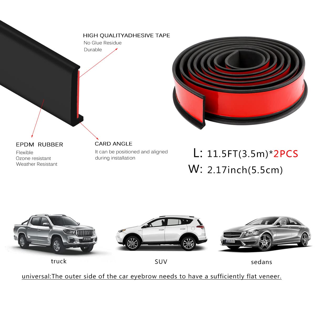 XmuxHai 2.17In(5.5CM)*11.5FT*2PCS Car Wheel Eyebrow Arch Trim Lips Strip Fender Flare Protector Universal Rubber Wheel Eyebrow Protector for Car and Truck Fender Flare Edge Trim (5.5CM)