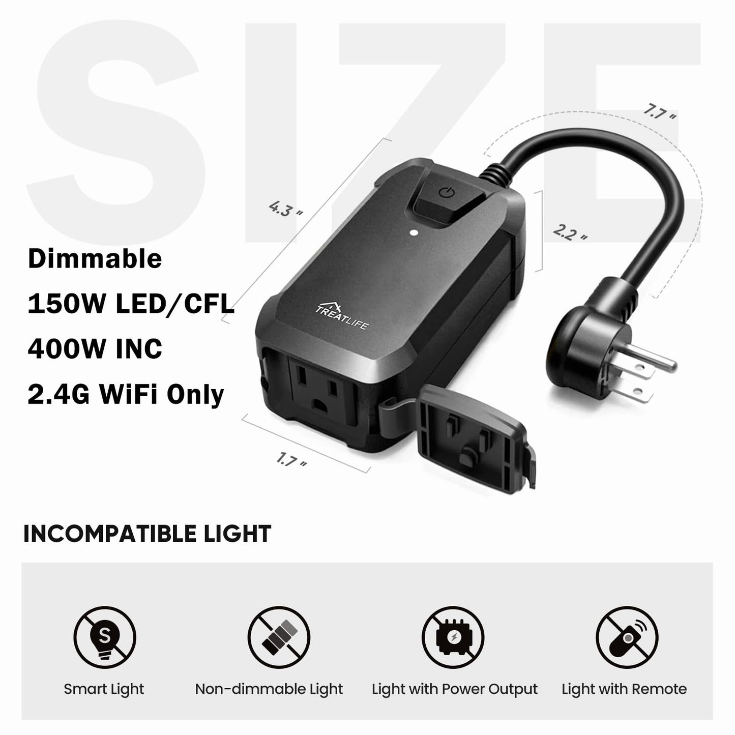 TREATLIFE Smart Dimmer Plug, 2.4GHz WiFi Outdoor Smart Plug Works with Alexa, Google Home, IP44 Outdoor Dimmer for Dimmable Lights, Max Power 400W
