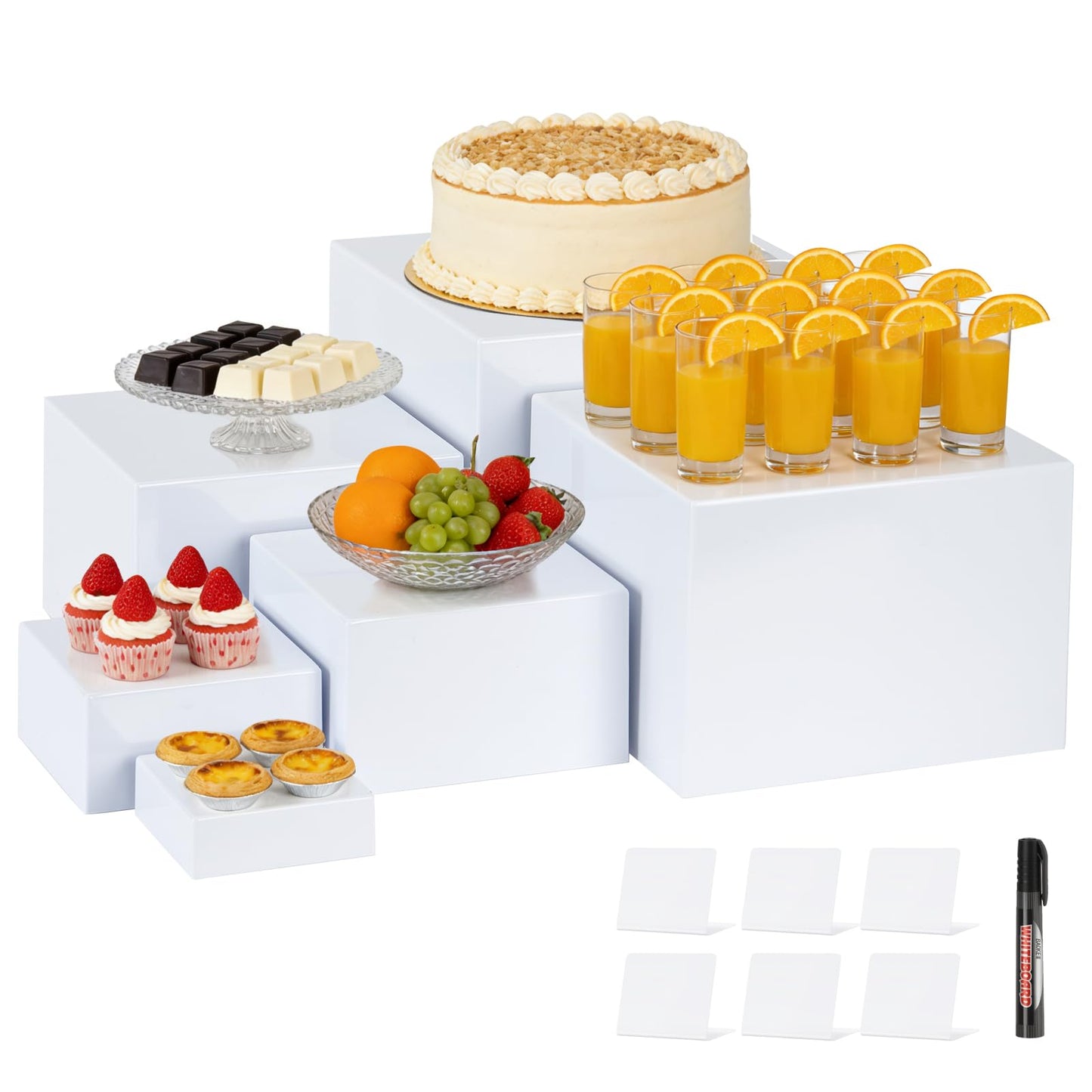 6 Pcs Buffet Risers,Acrylic Food Risers,White Dessert Stands for Buffet Table Display, Cupcake Tower, Cake Stand, Jewelry Show, Catering Events (3" + 4" + 5"+6"+7"+8")