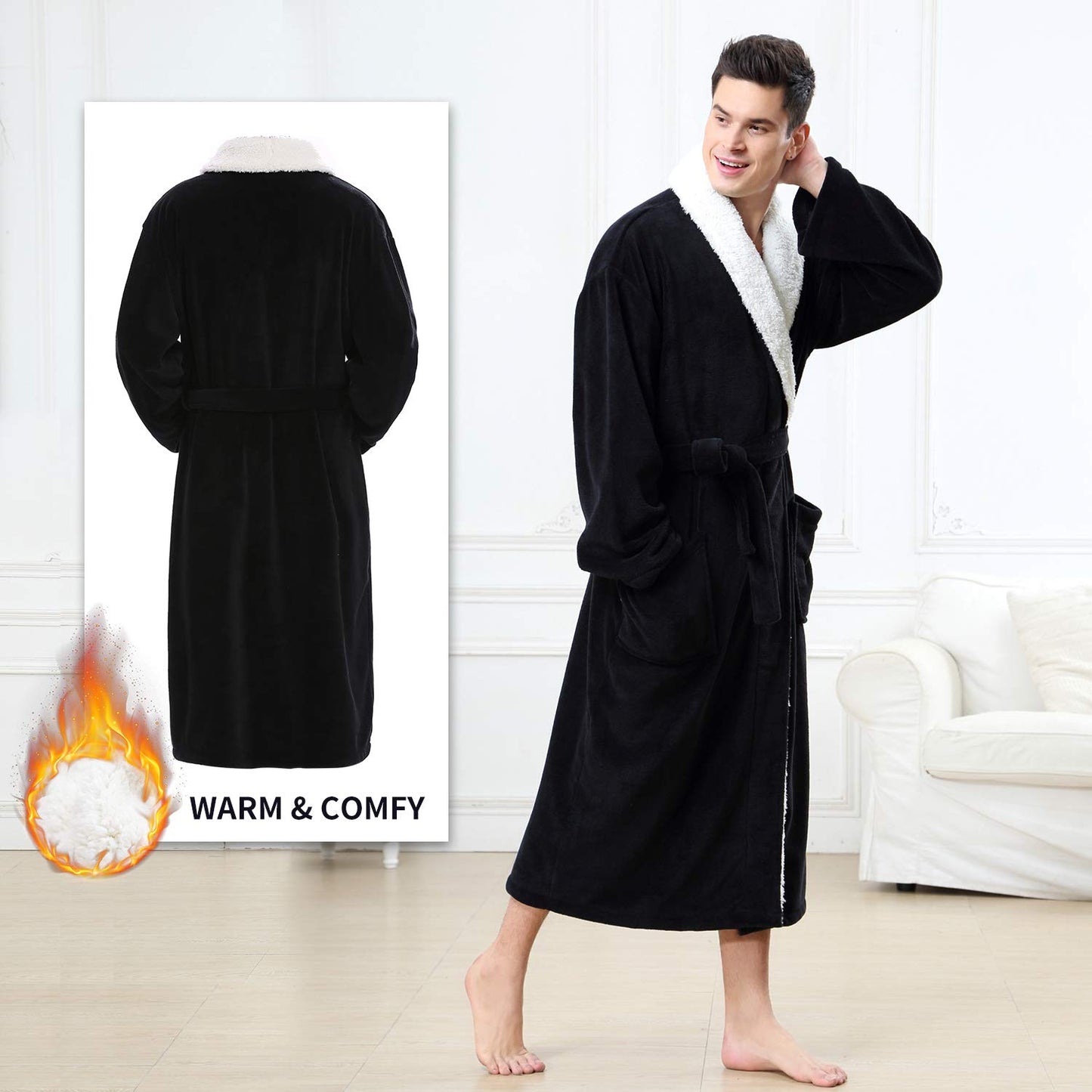 OUFANG Men's Soft and Warm Bathrobe, Black Spa Robe with Sherpa Kimono Shawl Collar Unisex (X-Large)