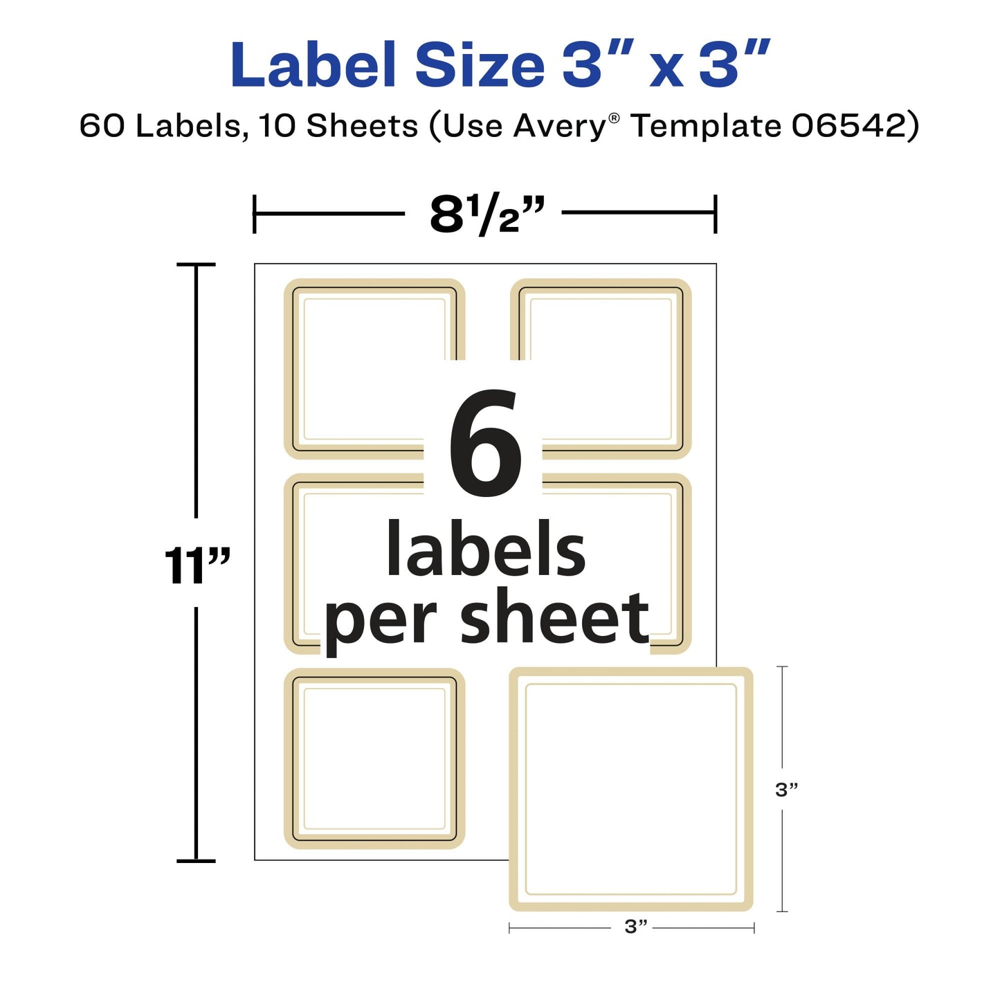 Avery Matte White Labels, Metallic Gold Borders, 3" x 3" Square Labels, 60 Total, Laser/Inkjet Printable (6542)