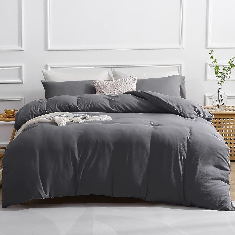 SASTTIE Duvet Cover King, 3-Piece Prewashed Ultra Soft King Bedding Set - Features Zipper Closure and Corner Ties, Includes 1 Duvet Cover 104x90 Inch & 2 Pillowcases, No Comforter, Dark Grey