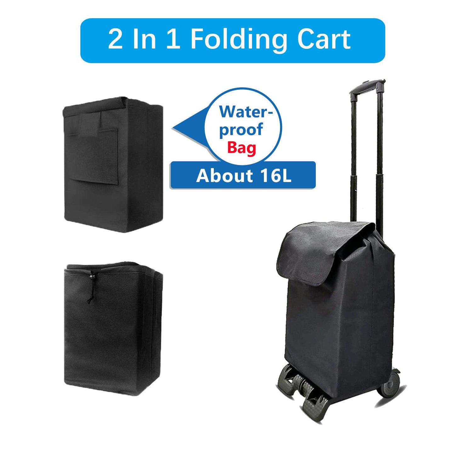 Folding Shopping Cart Utility Rolling Crate Compact Hand Truck Dolly on Wheels with Removable Waterproof Bag Telescoping Handle Heavy Duty 50kg/110lbs for Move Travel Grocery Laundry Office(Black+Bag)