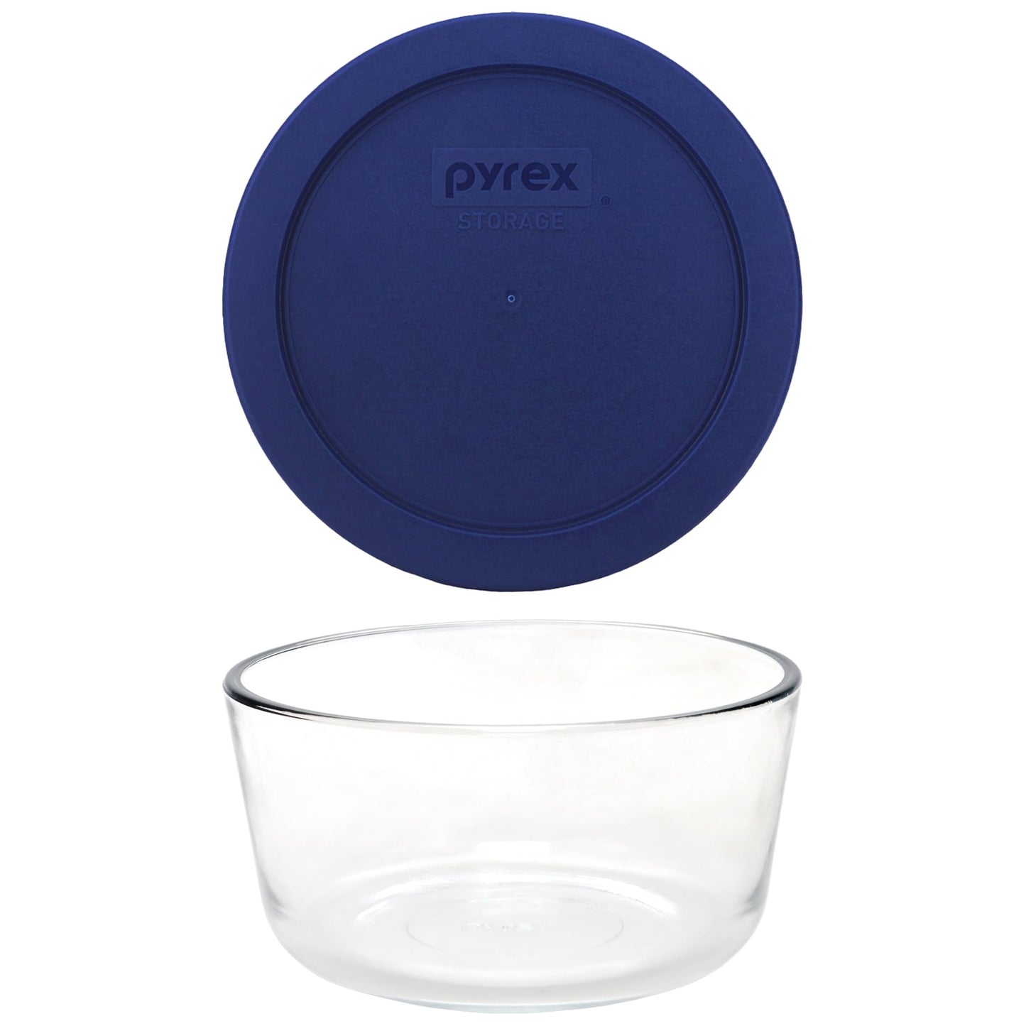 Pyrex Storage 4-Cup Round Dish with Dark Blue Plastic Cover, Clear (Pack of 2 Containers)