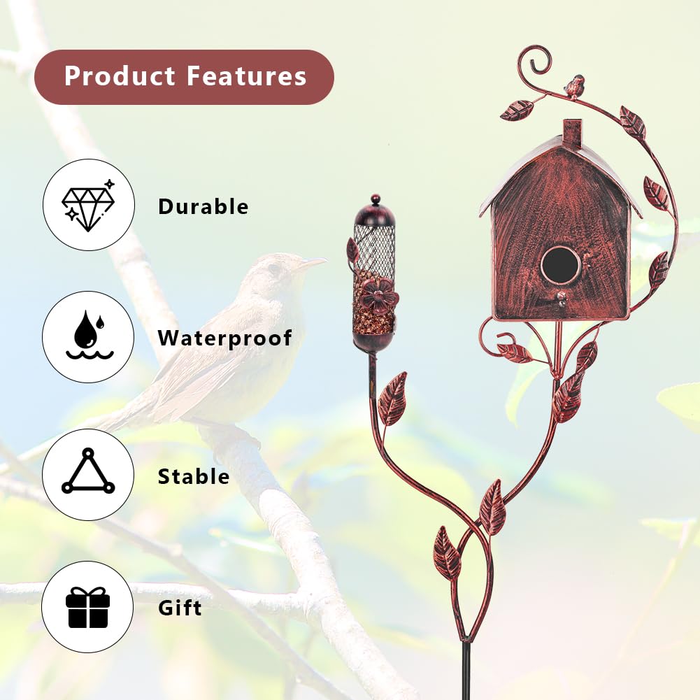 OUTSTAUES Metal Bird Houses for Outside with Pole, Squirrel-Proof Outdoor Bird House with Feeder for Patio Yard Garden Decorations, Copper