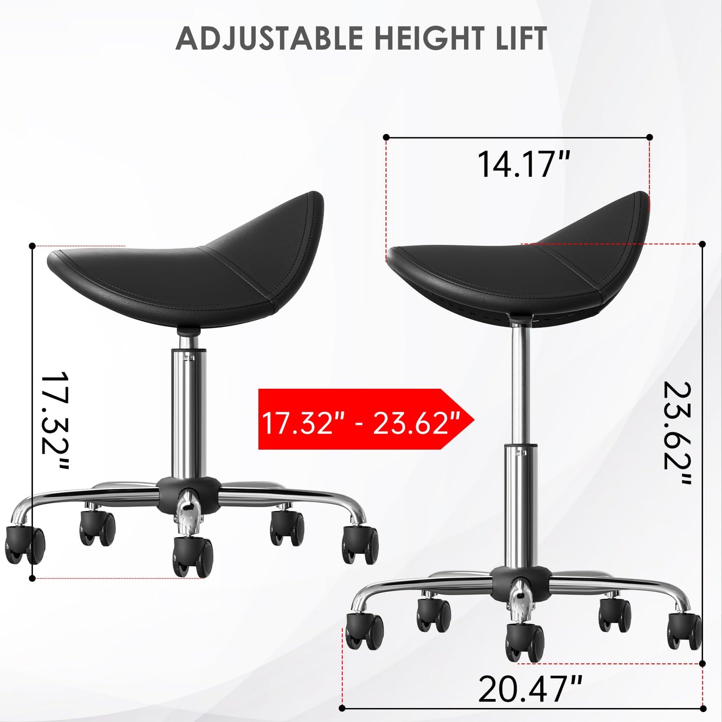 CLORIS Saddle Rolling Stool Hold up to 350 LBS Height Adjustable Swivel Chair Metal Feet with Wheels for Spa, Massage, Salon, Home, Office, Medical, Tatoo, Bar Black