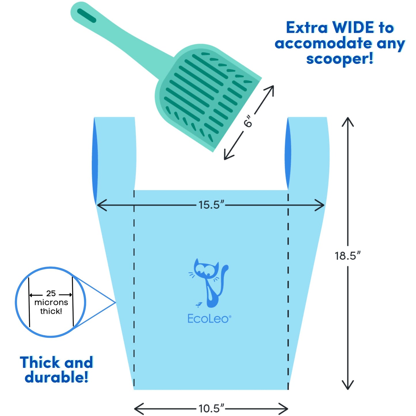 EcoLeo Cat Litter Waste Bags - X-Large, Compostable, Plastic-Free, Thick, Leak Proof, Pet/Dog Poop Bags with Easy-Tie Handles,10.5 x 18.5 inch (120 Count)