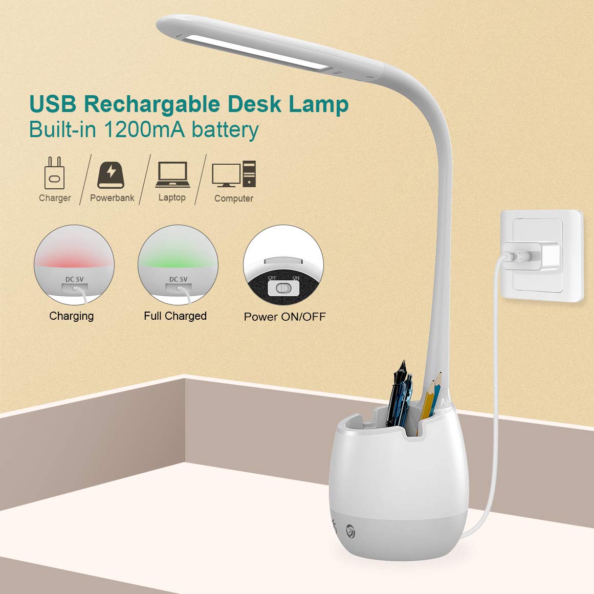Rechargeable LED Desk Lamp with Pen Holder, ERAY Dimmable Flexible Gooseneck Bedside Table Lamp with Color Night Light, Eye-Caring Kids Pupil Student Reading Study Light for Home Office（White)