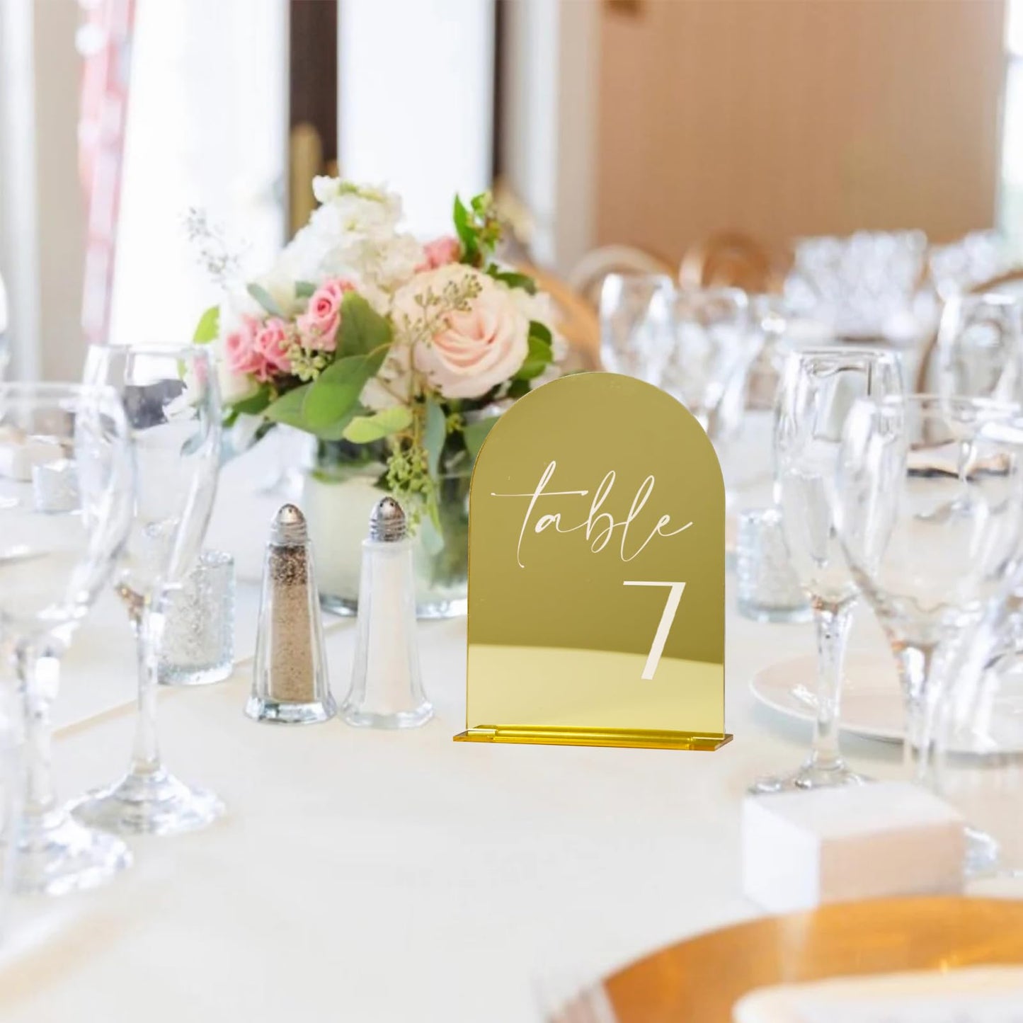 HOODO Gold Mirror Acrylic Wedding Table Numbers 1-30 with Stands, 5"x7" Arched Acrylic Signs and Holders, Modern Luxury Style