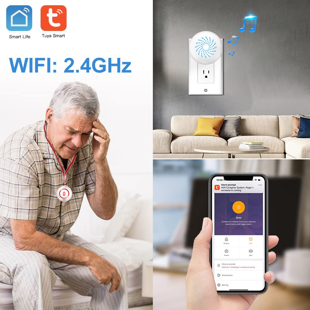 SINGCALL Tuya WiFi Smart SOS Emergency Wireless Caregiver Pager Calling System Home Caring for Old People Patients Children 2 Transmitters 1 Plugin Receiver