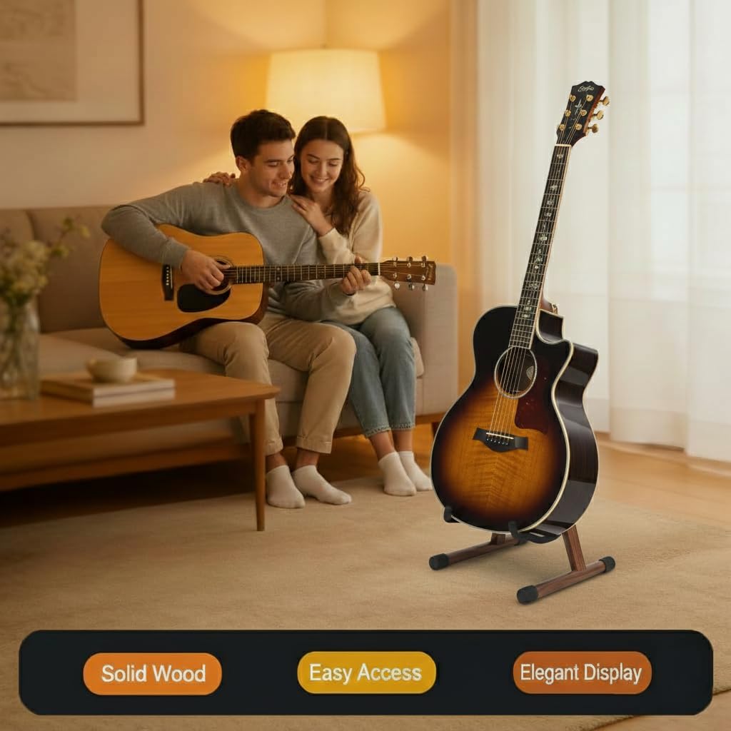 Guitar Stand, Acoustic Electric Guitar Stand Wooden Guitar Floor Stand, A Frame Folding Guitar Holder Adjustable for Bass, Mandolin, Banjo, Ukulele (Wood)
