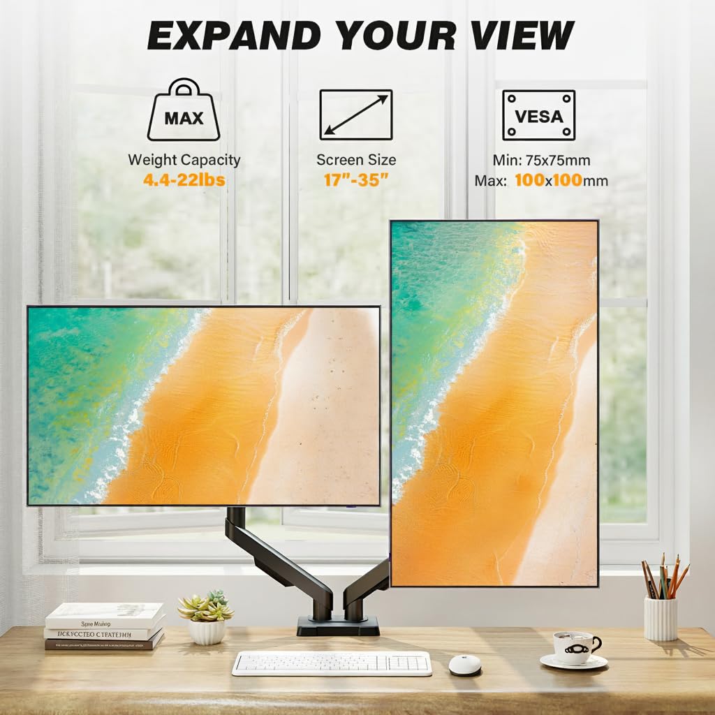 Dual Monitor Stand - Adjustable Dual Arm Mount for 17-35 Inch Screens, Ergonomic VESA Mount with C Clamp/Grommet Base, Each Arm Holds up to 22lbs, Black