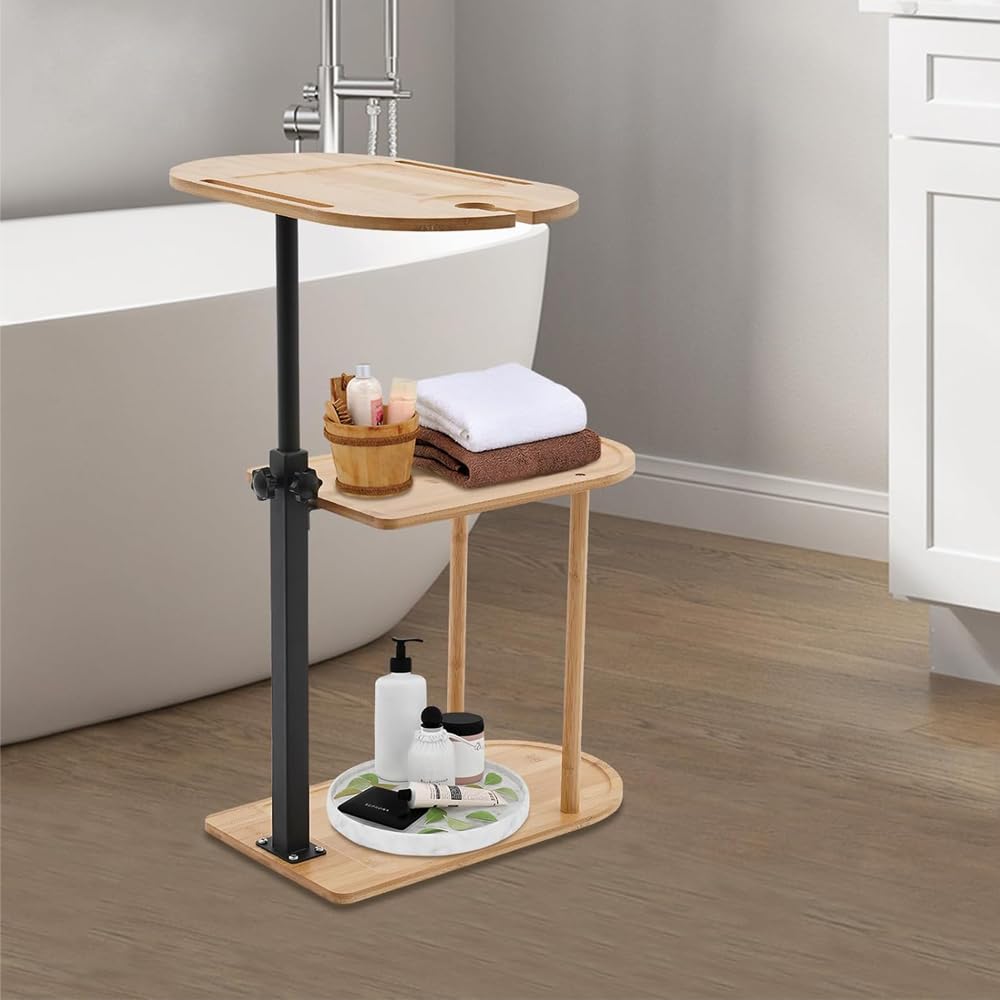 3 Layer Bath Tub Tray Table, Liftable Freestanding Bamboo Bath Tray Caddy for Tub Against Wall, Bathroom Organizer Shelf, Bath Home Spa Bathtub Accessories
