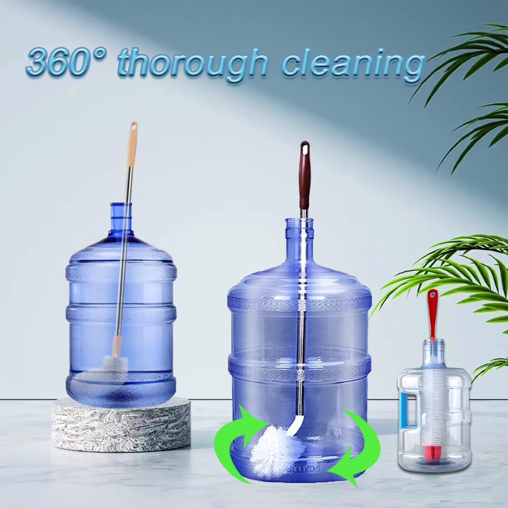 Bottle Brush, 3 Pack Long Handled Bucket Brushes with 1 Smaller Bendable Bottle Brush and 2 Water Jug Caps, Stiff Nylon Bristles, Suitable for Cleaning 1 to 5 Gallon Buckets, Glassware, Mugs