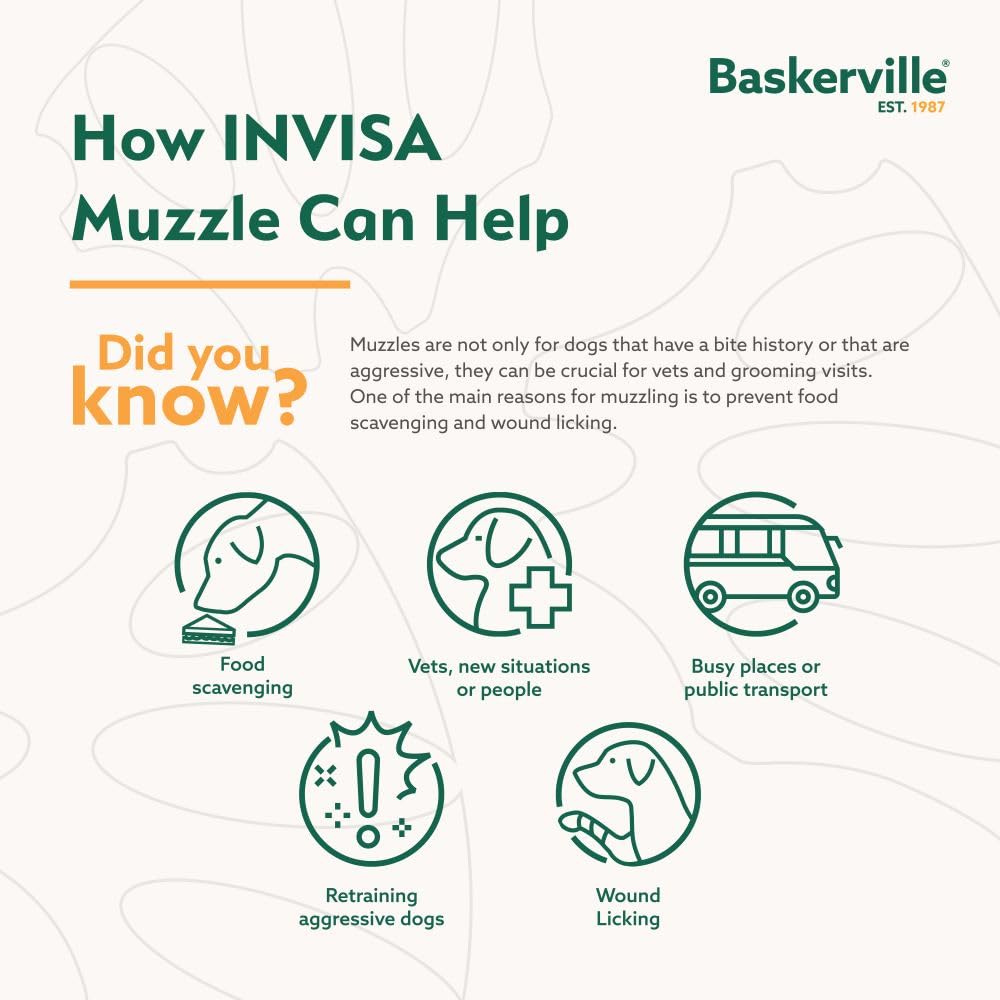Baskerville INVISA Basket Dog Muzzle - Patented Humane Design with Facial Visibility, Padded Nose Band, Dog can Pant and Drink, Prevents Biting and Scavenging. Muzzle for Large Dogs (Size 6)