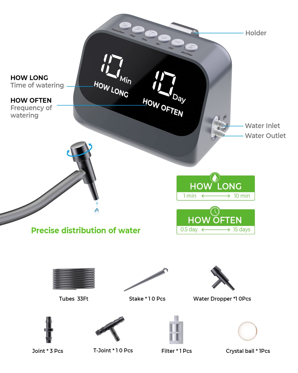 Automatic Watering System for Potted Plants, Plant Waterer, DIY Drip Irrigation Kit with Smart Timer, Waterproof LED Display & Large Capacity Battery, Precise Distribution of Water, White (Gray)