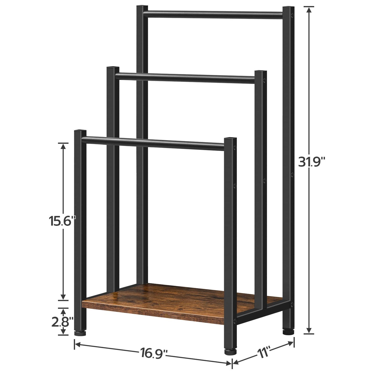 HOOBRO Freestanding Towel Rack, 3 Tier Metal Blanket Rack, Blanket Ladder Holder for Bathroom, 43 x 28 x 81 cm, Industrial Drying and Display Rack with Shelf, Rustic Brown and Black BF03LB01