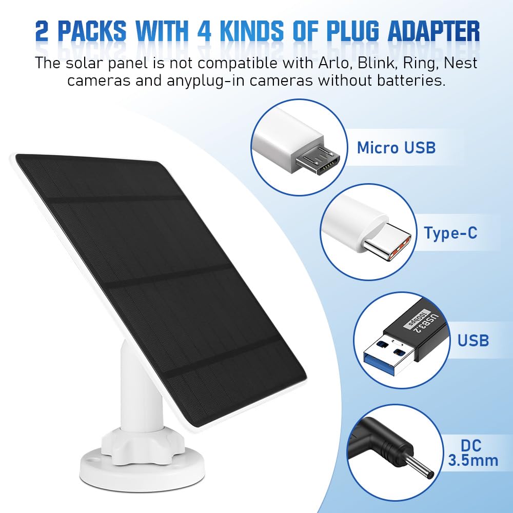 5W Solar Panel for Security Camera 2 Pack, 5V Solar Panel Charger is Compatible with WYZE Battery Cam Pro, Eufy Camera & Arlo Essential Spotlight/XL Spotlight Camera, with Micro USB, DC, USB-C port