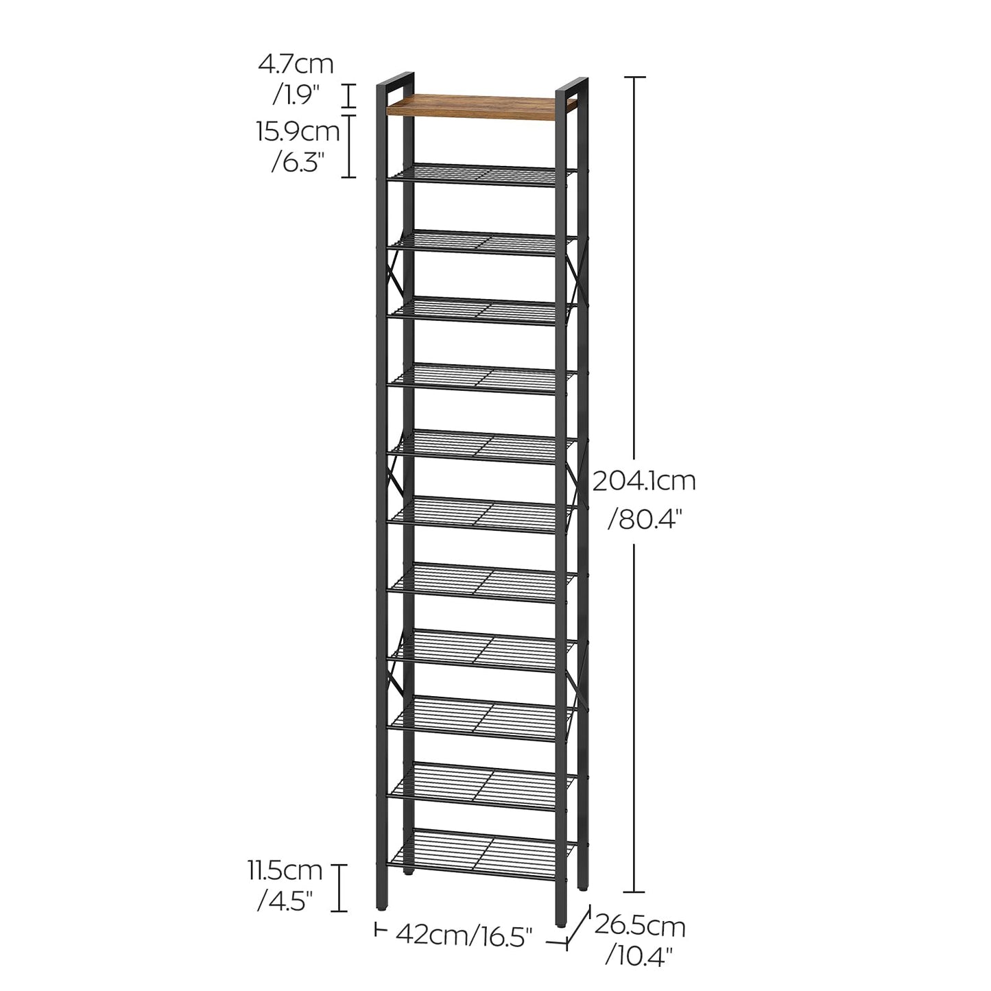 YATINEY 12-Tier Narrow Shoe Rack, Tall Shoe Rack for 12-24 Pairs, Slim Shoe Storage Organizer with Wooden Top, Space Saving, Metal Frame, for Entryway, Rustic Brown and Black SS61BR