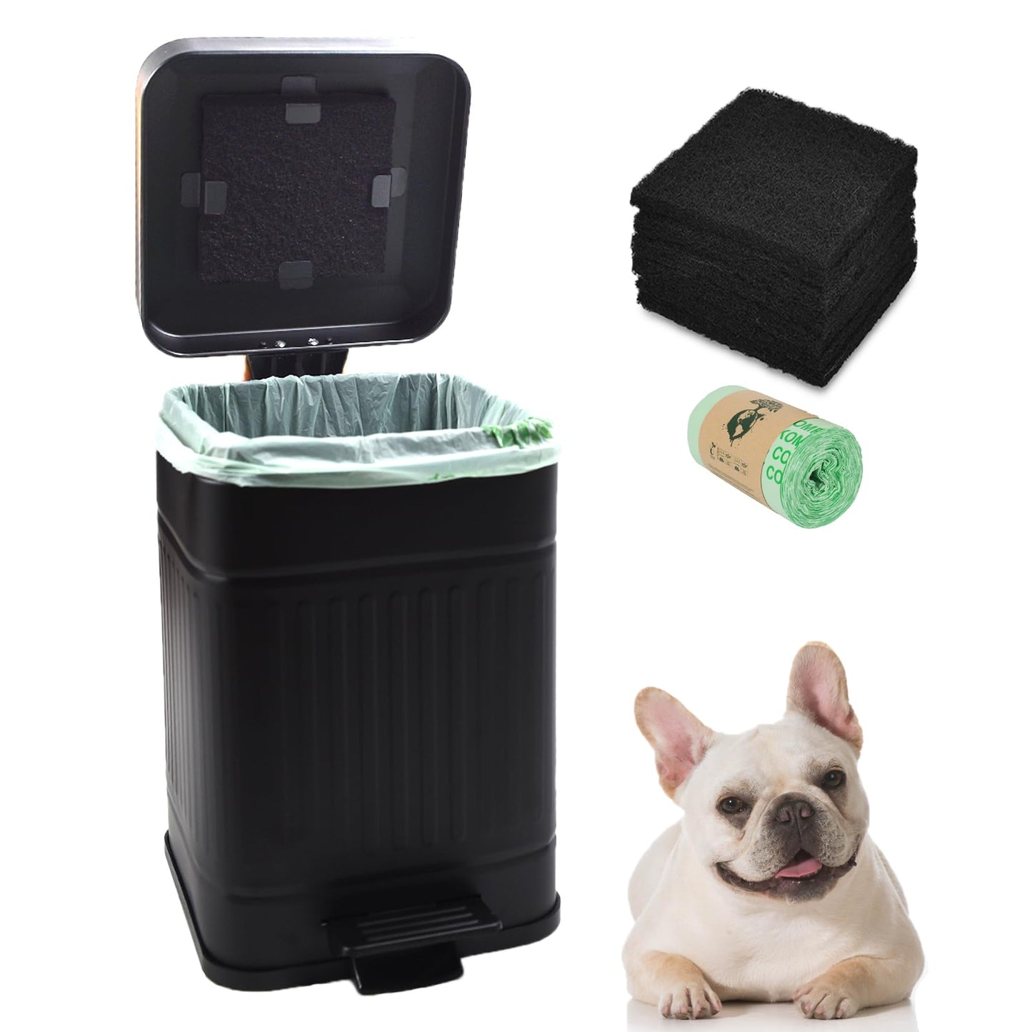 Umtiti 5L Dog Poop Trash Can with Lid for Outdoors，1.3 Gallon Trash Can with Activated Carbon Filter & Plastic Bags, Pet Waste Container，UP5L-BK-Fang