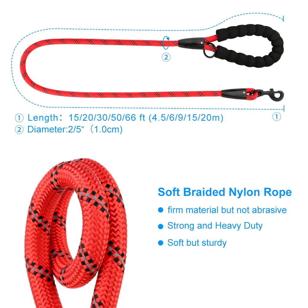 Plutus Pet Long Rope Dog Leash - Comfortable Padded Handle, Reflective Nylon Heavy Duty, 15FT 20FT 30FT 50FT 66FT Training for Small Medium Large Dogs (50FT, Red)
