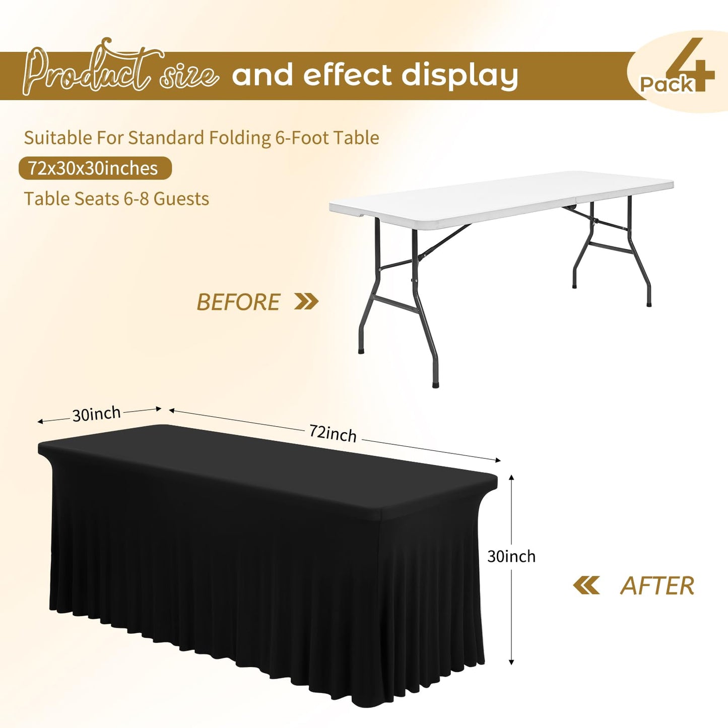 4 Pack 6Ft Black Spandex Table Skirts, Stretch Tablecloth with Skirt Easy to Install One-Piece Wrinkle Resistant Fitted Stretchable Table Skirt for Wedding Party Banquet Trade Show