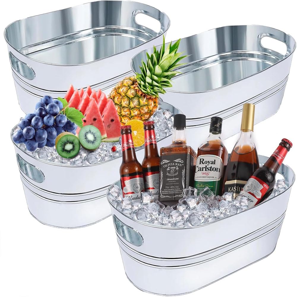 4 Pcs 4 Gallon Metal Beverage Ice Buckets Ice Bucket Set with Handles for Parties Large Metal Drink Ice Buckets for Beer Wine Cocktails & Outdoor Events