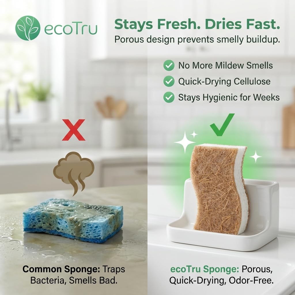 12 Pack Natural Kitchen Sponges, Compostable White Cellulose & Organic Coconut Scrubber Sponge for Washing Dishes, Kind Eco Friendly Non Toxic & Biodegradable Dishwashing Sponges