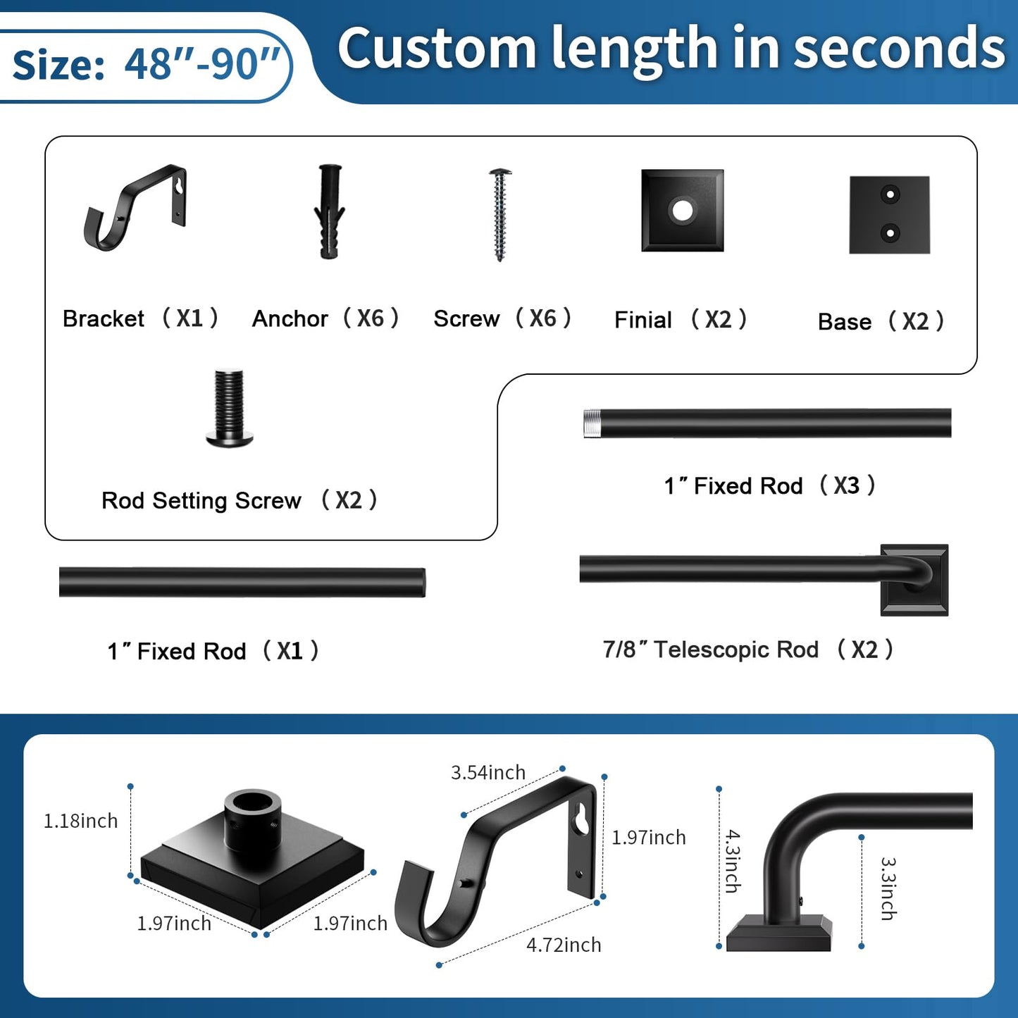 Black Curtain Rods for Windows 48-90Inch(4-7.5ft）Heavy Duty Wrap Around Blackout Curtain Rods,Adjustable Room Darkening Drapery Rod for Bedroom, Living Room, Sliding Door & Outdoor Patio