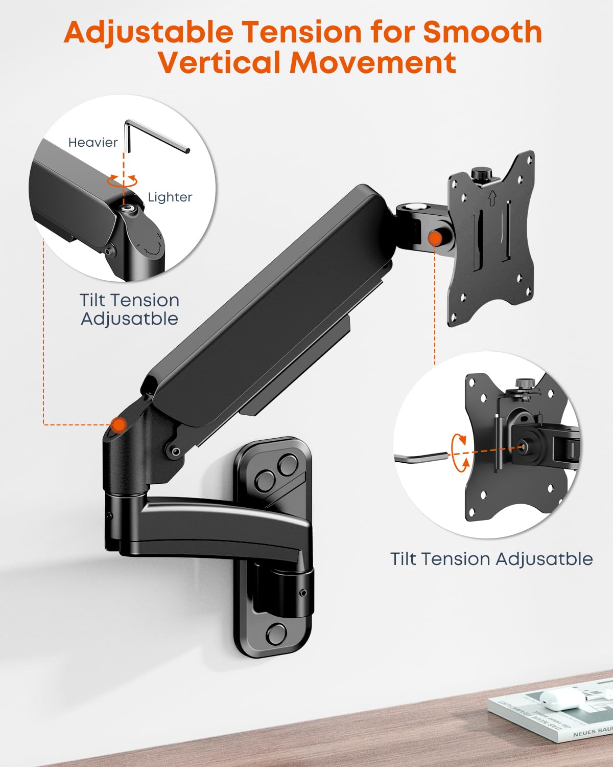 Single Monitor Wall Mount Bracket - Full Motion Gas Spring Arm for 13-32" Screens, Holds Up to 19.8 lbs (9 kg), Height Adjustable Wall Mount Monitor Arm, Tilt, Swivel, Rotation, VESA 75/100mm, Black